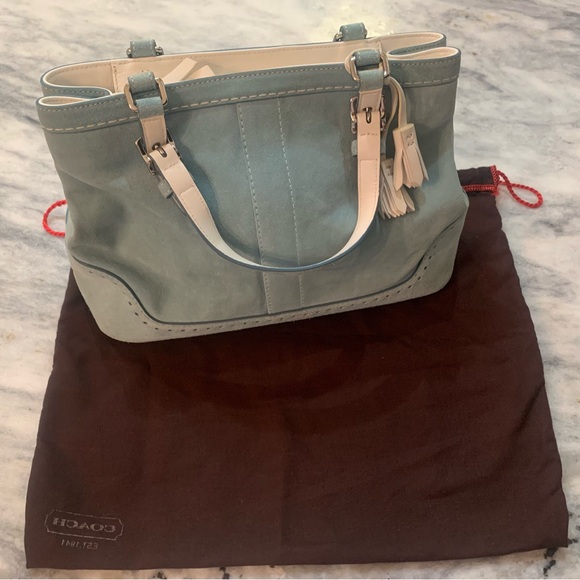 Coach Light Blue Suede Tote with White Leather Trim with Dust Cover - Picture 2 of 8
